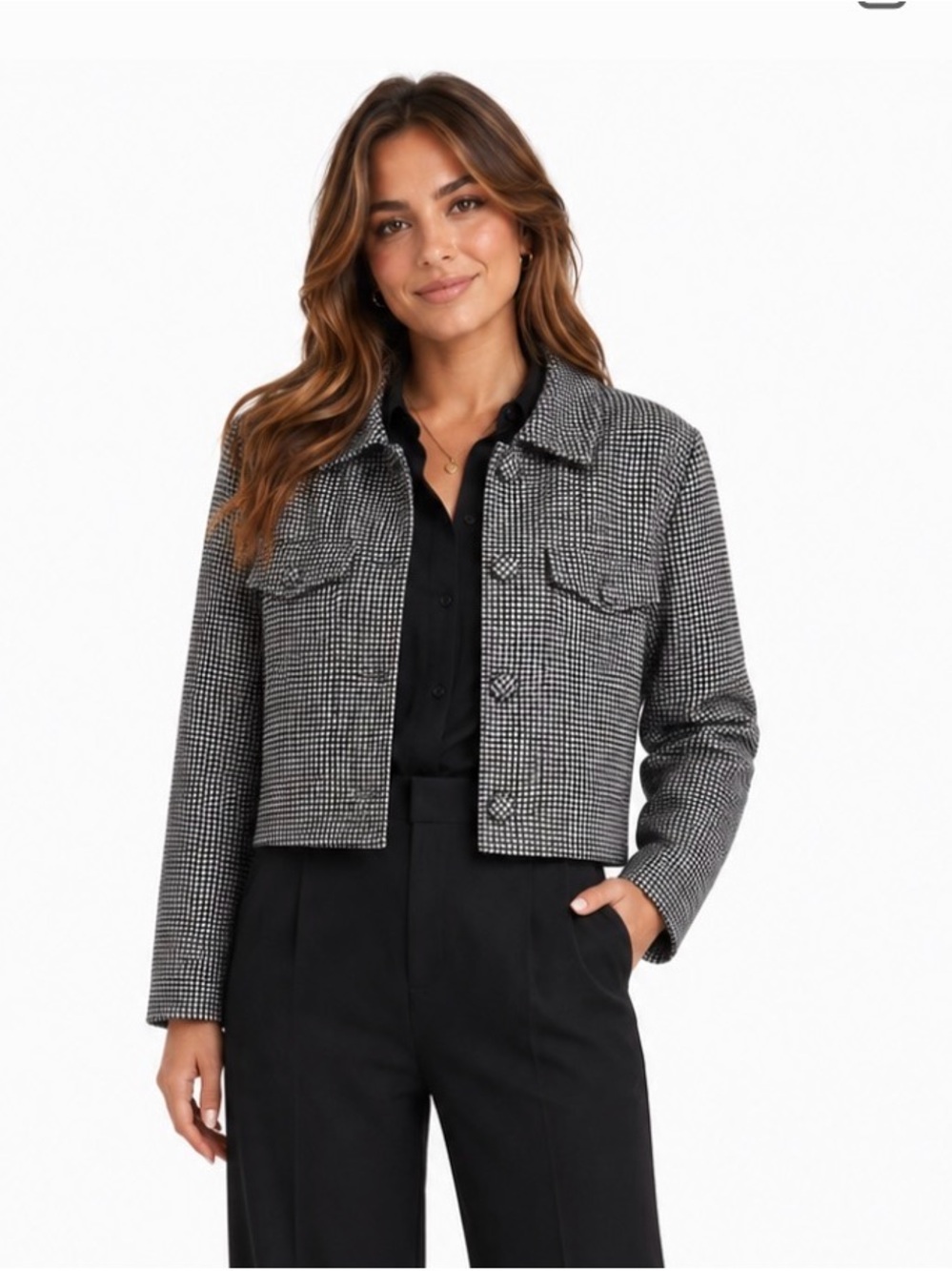 Textured Black & White Houndstooth Jacket - Women